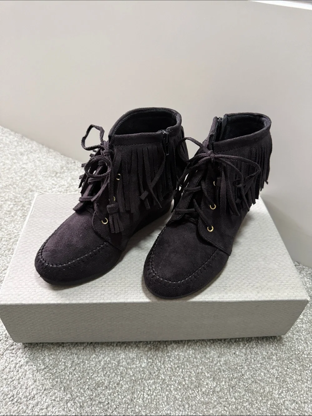 Maurices Black Fringe Wedge Moccasin Ankle Boots